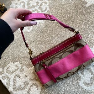 Coach hot pink and tan baguette shoulder bag